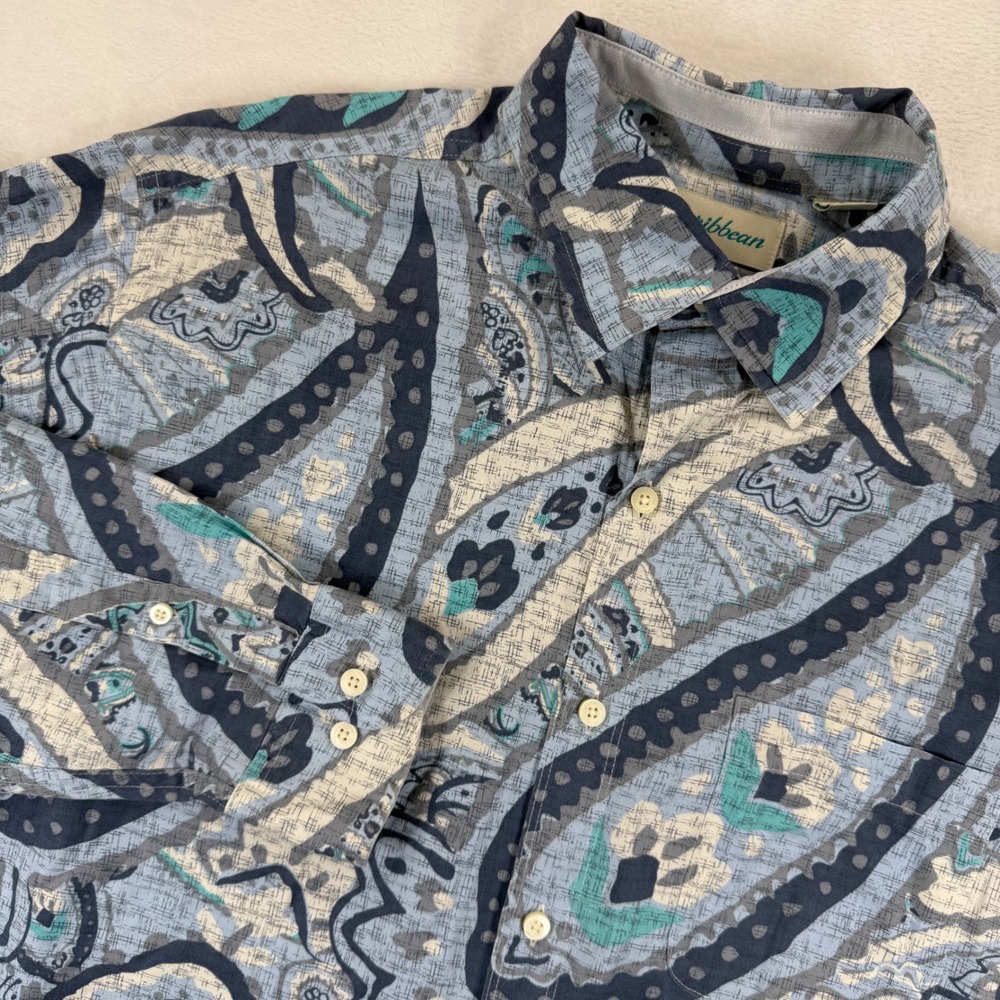 Caribbean Mens Blue Teal Abstract Paisley Cotton Lyocell Button Up Shirt Large
